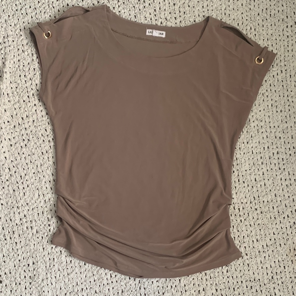 Lily Star Taupe Short Sleeve Top with Grommet Detail